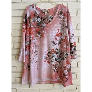 Davina Women Pink Floral Beaded 3/4 Sleeve Blouse Top‎ 3XL
